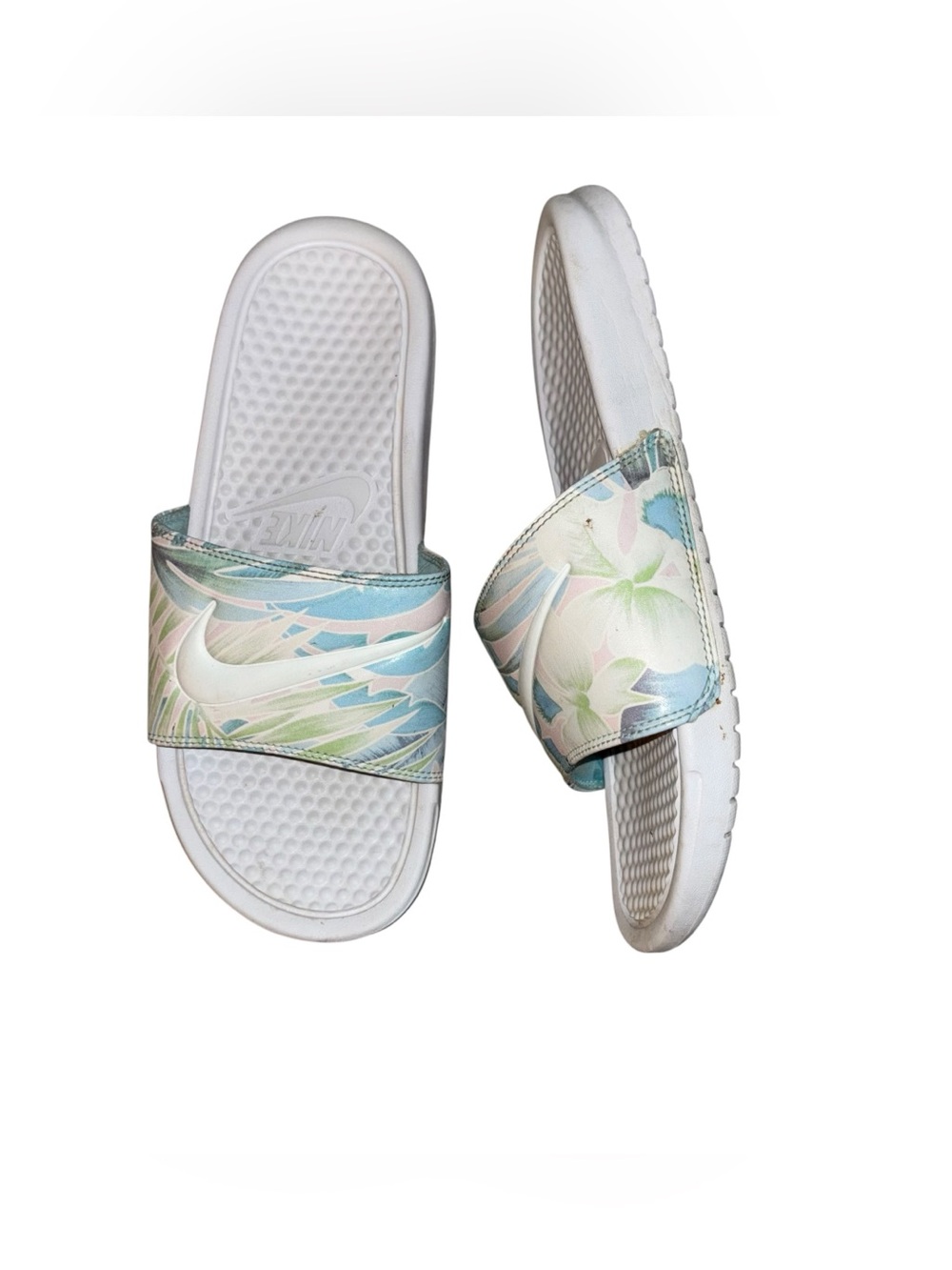 Nike Benassi JDI Tropical Floral Palm Leaf Slide Sandals White Blue Women 8.5 - Picture 6 of 13